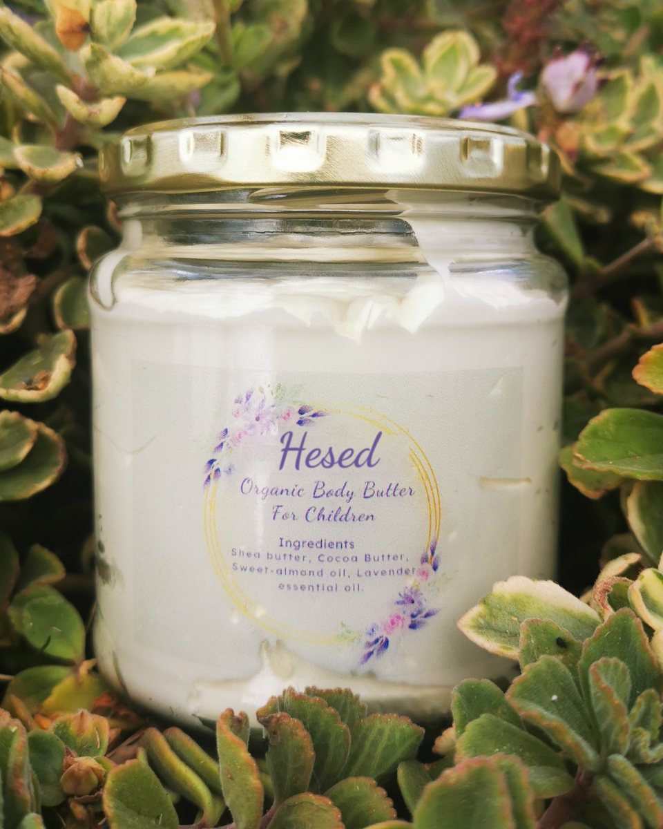 Children's Body Butter with a lavender label among succulents